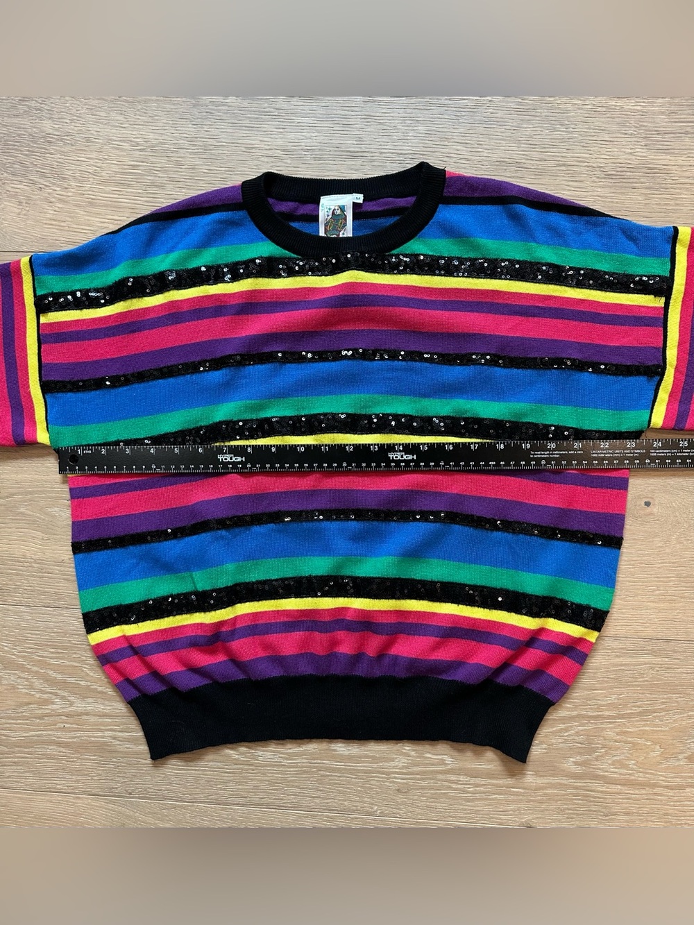 Queen of Sparkles Rainbow Striped Sequin Sweater. Size M - Picture 8 of 11